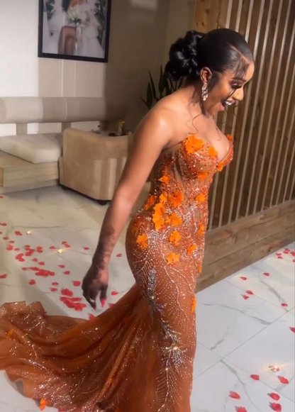 Gorgeous Orange Beaded Applique Mermaid Evening Dress Long Prom Dress SH935
