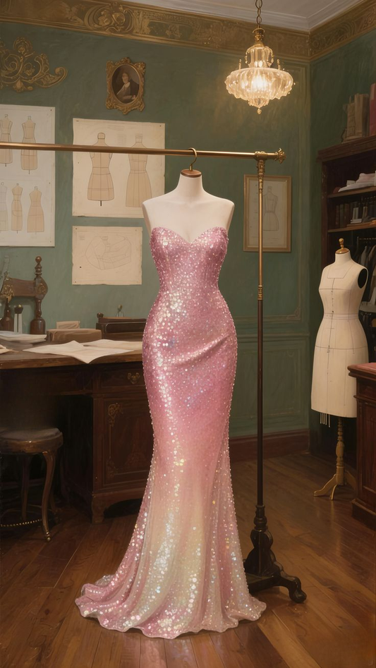 Sparkly Spaghetti Straps Pink Sequin Mermaid Long Party Dress Evening Gown  D1659