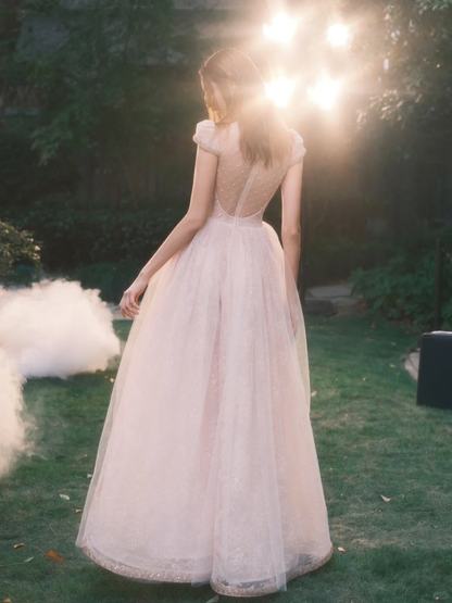 Princess A Line Round Neck Beaded White Lace Tulle Long Prom Dress Evening Dress SH3317