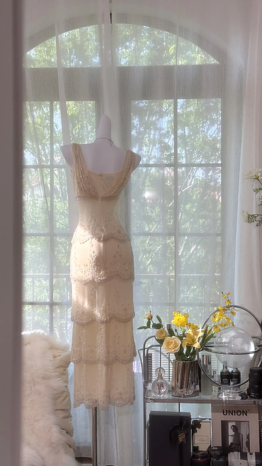 Charming Sheath V Neck Layered Appliques Ivory Chiffon Party Dress Evening Dress SH2965