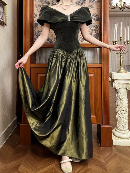Vintage Olive Green A Line Off the Shoulder Velvet Satin Long Prom Dress SH5173