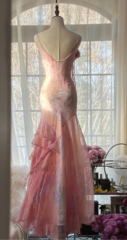 Classy Pink Spaghetti Straps Chiffon Beaded evening Dress Long Mermaid Birthday Party Dress S342