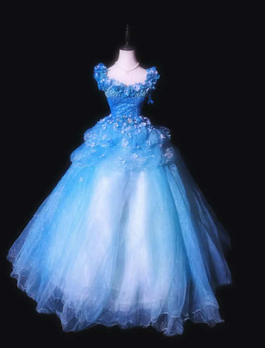 Sweet Blue Tulle Appliques Beaded Sweet 16 Dress Formal Quinceanera Dress D985