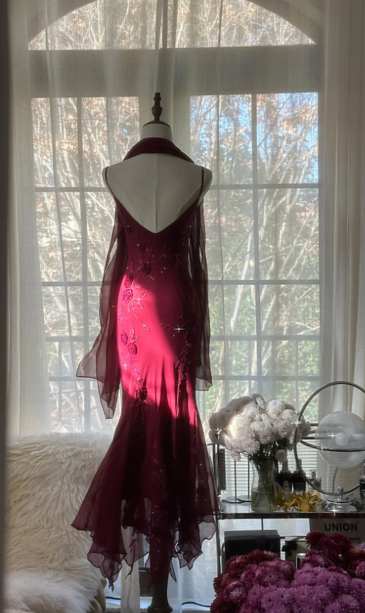 Charming Spaghetti Straps Burgundy Chiffon Beaded  Mermaid Long Party Dress Birthday Prom Gown D2092