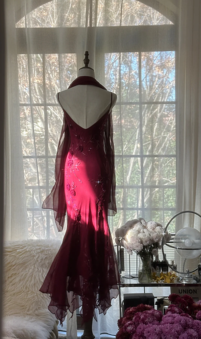 Charming Spaghetti Straps Burgundy Chiffon Beaded  Mermaid Long Party Dress Birthday Prom Gown D2092