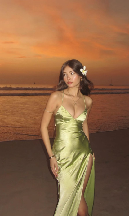 Simple Green Halter Satin Slit A Line Long Party Dress Evening Gown D1471