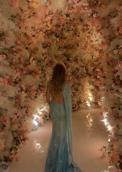 Green Blue Ombre Mermaid Exquisite Beaded Sequin Backless Tulle Prom Dress Wedding Guest Dress SH4725