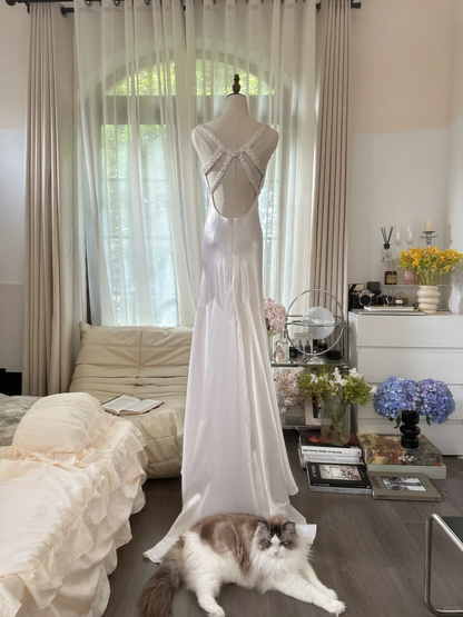 Classy Mermaid V Neck Beaded White Satin Long Open Back Party Dress Evening Dress SH2938