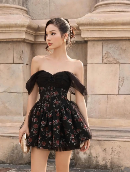 Cute A Line Off the Shoulder Print Floral Satin Tulle Short Homecoming Dress Birthday Dress SH4672