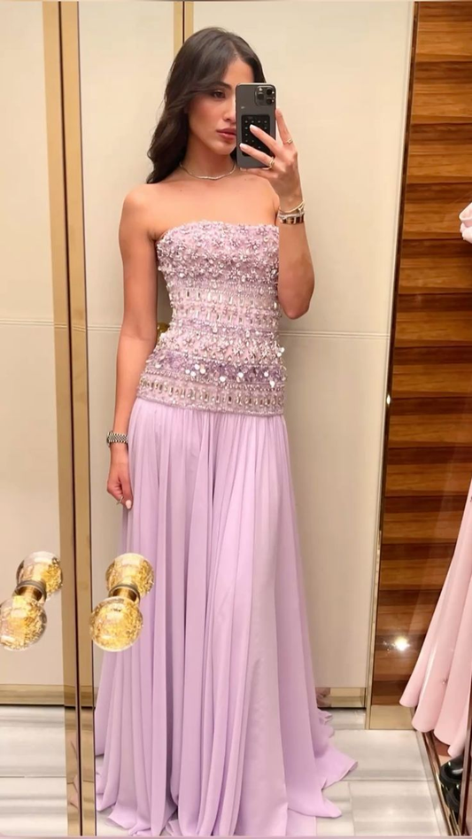 Classy Strapless Purple Chiffon Beaded Long Party Dress Evening Gown D1278