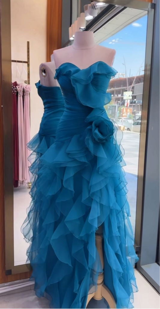 Chic Peacock Blue Strapless Chiffon Ruffled Slit Long Party Dress Evening Gown D1896