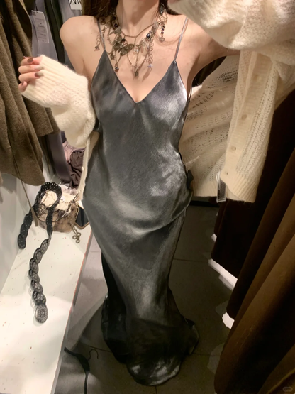 Grey Mermaid Spaghetti Straps Simple Satin Long Prom Dress Party Dress SH5019