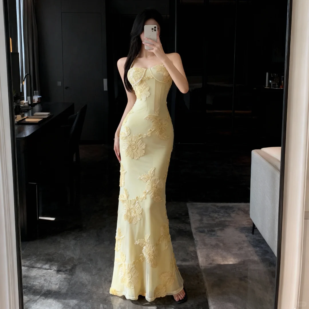 Yellow Mermaid Spaghetti Straps Appliques Tulle Satin Prom Dress Evening Dress SH5110