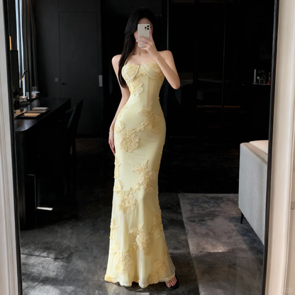 Yellow Mermaid Spaghetti Straps Appliques Tulle Satin Prom Dress Evening Dress SH5110