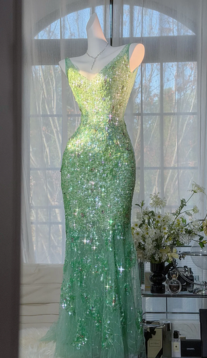 Sparkly Green V Neck Tulle Sequin Beaded Mermaid Long Evening Dress Party Gown D2378