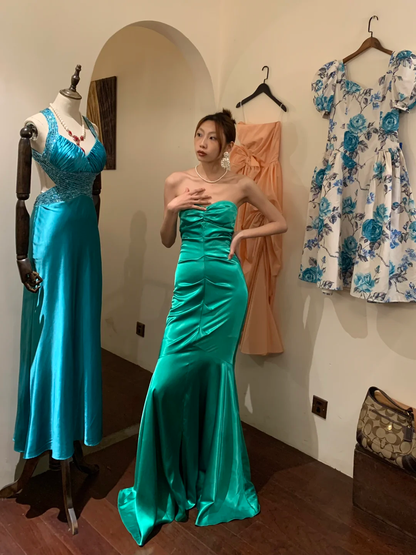 Vintage Mermaid Sweetheart Neck Pleated Green Satin Long Party Dress Cocktail Dress SH2946
