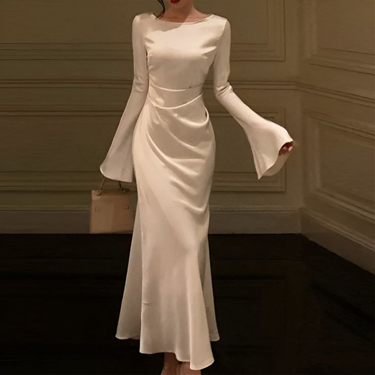 Vintage White Bell Sleeve Ruched Satin Mermaid Prom Dress Evening Dress SH1243