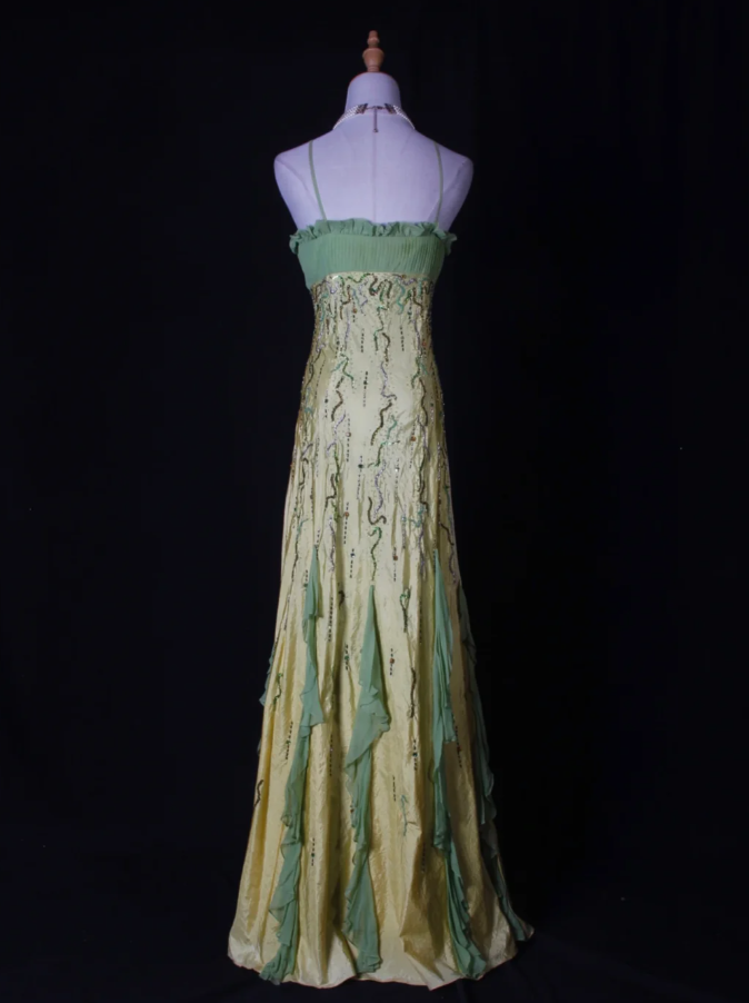 Chic Spaghetti Straps Yellow-green Satin Beaded Mermaid Long Party Dress Birthday Evening Gown With Ruffles D2267