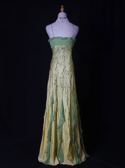 Chic Spaghetti Straps Yellow-green Satin Beaded Mermaid Long Party Dress Birthday Evening Gown With Ruffles D2267