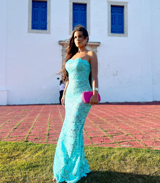 Blue Sheath Strapless Exquisite Lace Party Dress Evening Dress Prom Dress SH3904