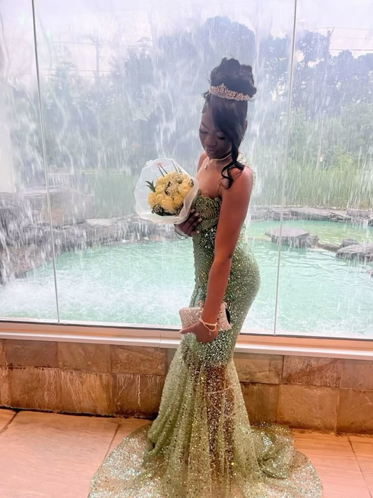 Sparkly Green Sequin Beaded Mermaid Long Party Dress Birthday Prom Gown  D1346