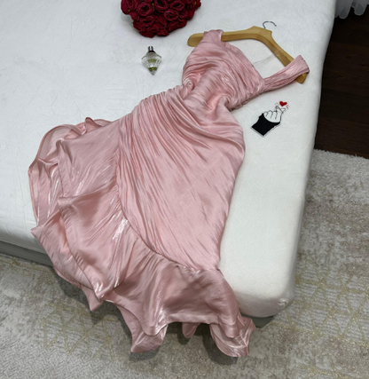 Pretty Sheath Pink Long Ruffles Prom Dresses Formal Evening Dress SD2388