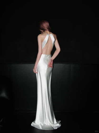 Pretty A Line Halter Bow White Satin Open Back Long Wedding Dress SH4934