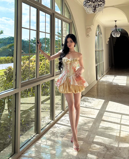 Golden A Line Sweetheart Neck Lace Satin Short Prom Dress Homecoming Dress SH4461