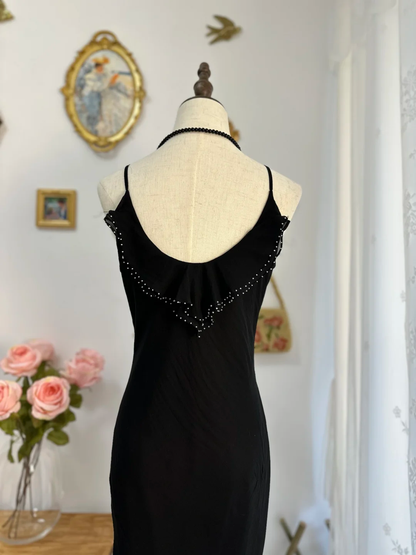 Classy Black Chiffon Beaded Appliques Long Party Gown Formal Evening Dress D560
