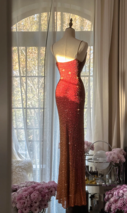 Vintage Unique Red Orange Ombre Black Beaded Chiffon Evening Dress Party Dress SH3472