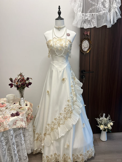 Vintage A Line Strapless Golden Appliques White Satin Long Prom Dress Party Dress SH3032