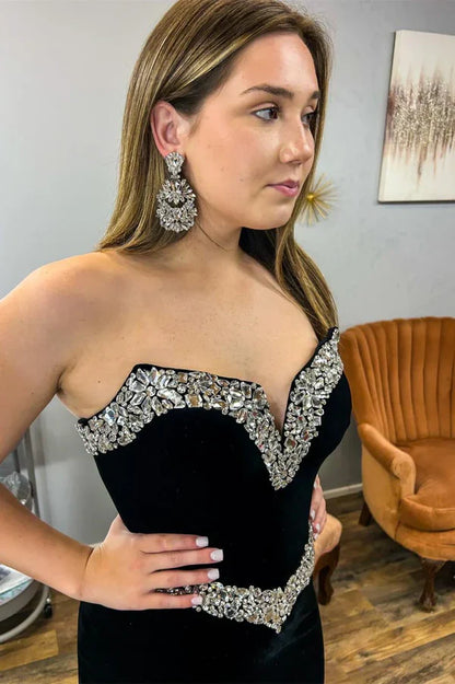Mermaid Strapless Rhinestone Velvet Prom Dresses Evening Dresses SH1659