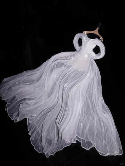 Flowy Gentle A Line Off the Shoulder White Tulle Long Prom Dress Party Dress SH3491