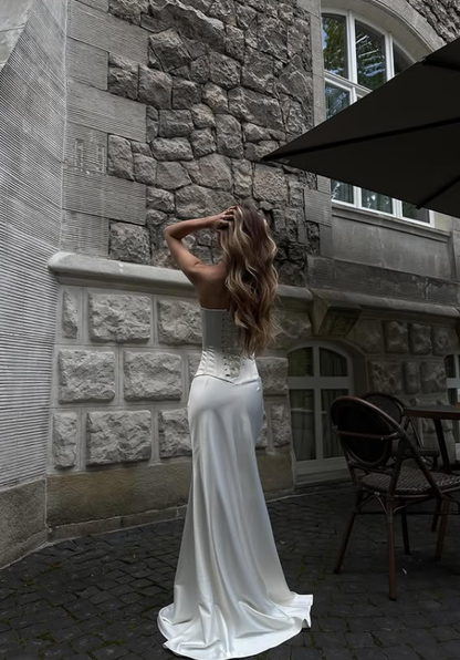 Classy Mermaid Sweetheart Neck White Satin Long Prom Dress Wedding Dress SH4617