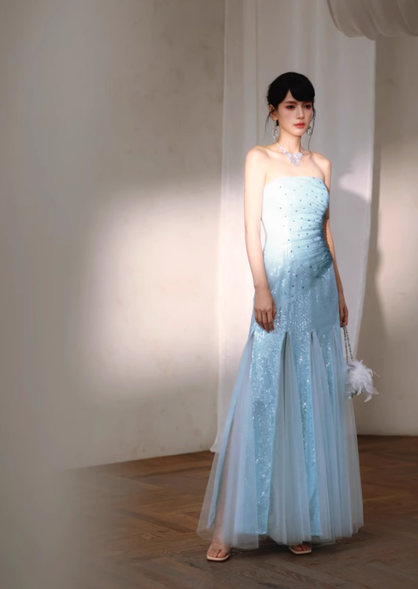 Blue Classy A Line Strapless Sequin Tulle Long Evening Dress Gown Dress SH3587