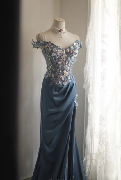 Gorgeous Off The Shoulder V Neck Satin Sequin Appliques Evening Dress Long Mermaid Slit Prom Dresses D2203