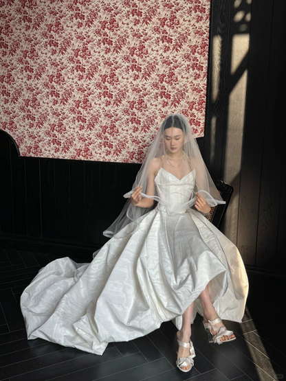 Simple Ball Gown Strapless White Satin Long Wedding Dress SH4754