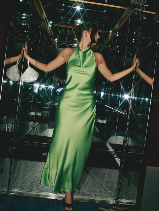 Charming A Line Halter Green Satin Long Open Back Prom Dress Evening Dress SH2109