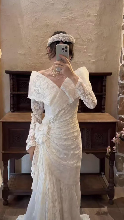 Vintage Mermaid Long Sleeve White Lace Long Prom Dress Wedding Dress SH5159