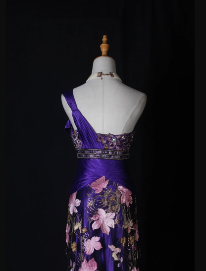 Charming Purple One Shoulder Satin Pleated Beaded Mermaid Prom Dress Evening Gown With Embroidery Appliques D2277
