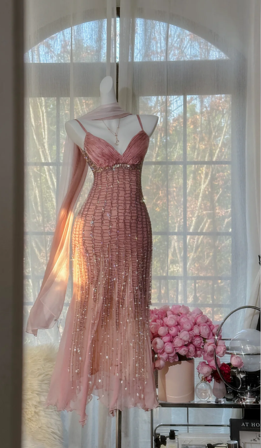 Pretty Spaghetti Straps Pink Chiffon Beaded Mermaid Long Wedding Guest Dress Pink Birthday Prom Dress Party Dress D2100