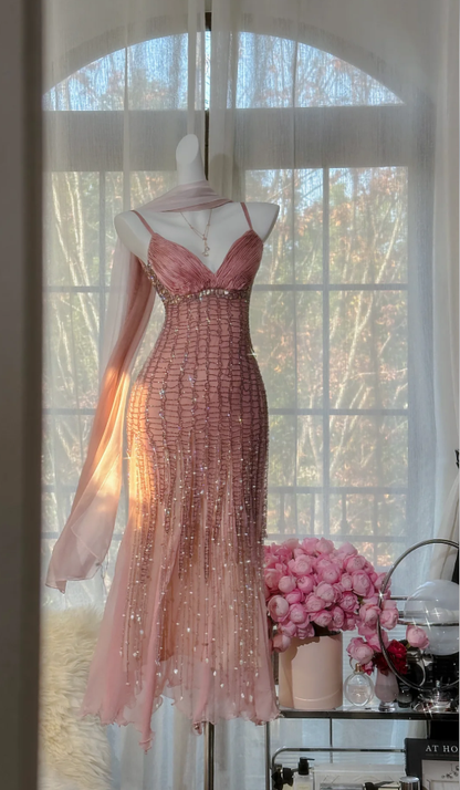 Pretty Spaghetti Straps Pink Chiffon Beaded Mermaid Long Wedding Guest Dress Pink Birthday Prom Dress Party Dress D2100