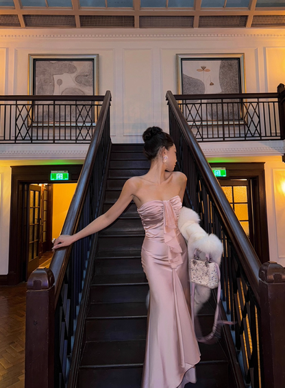 Romantic Mermaid Sweetheart Neck Pink Satin Long Prom Dress Party Dress Date Dresses SH4157
