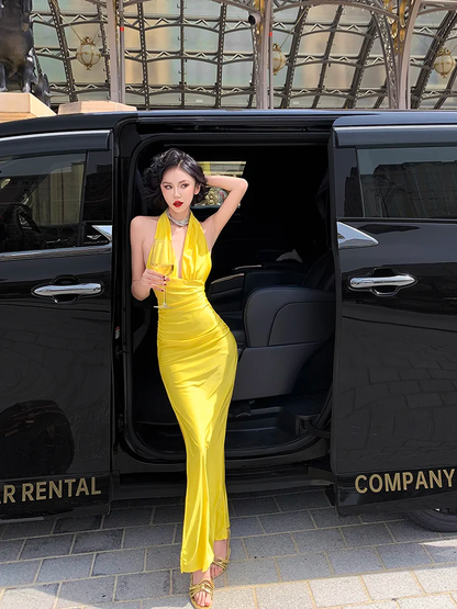 Sexy Bright Yellow Sheath Halter Satin Open Back Prom Dress Evening Dress with Slit SH4335