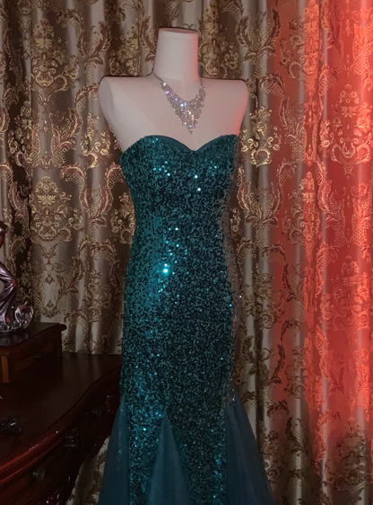 Vintage Strapless Green Tulle Sequin Mermaid Evening Dress Long Wedding Guest Dress Party Gown D1753
