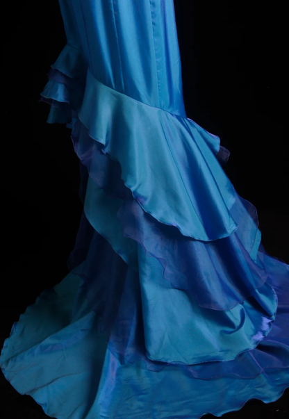 Unique Blue Green Strapless Satin Beaded Long Wedding Guest Dress Formal Birthday Party Dress Prom Gown D2001