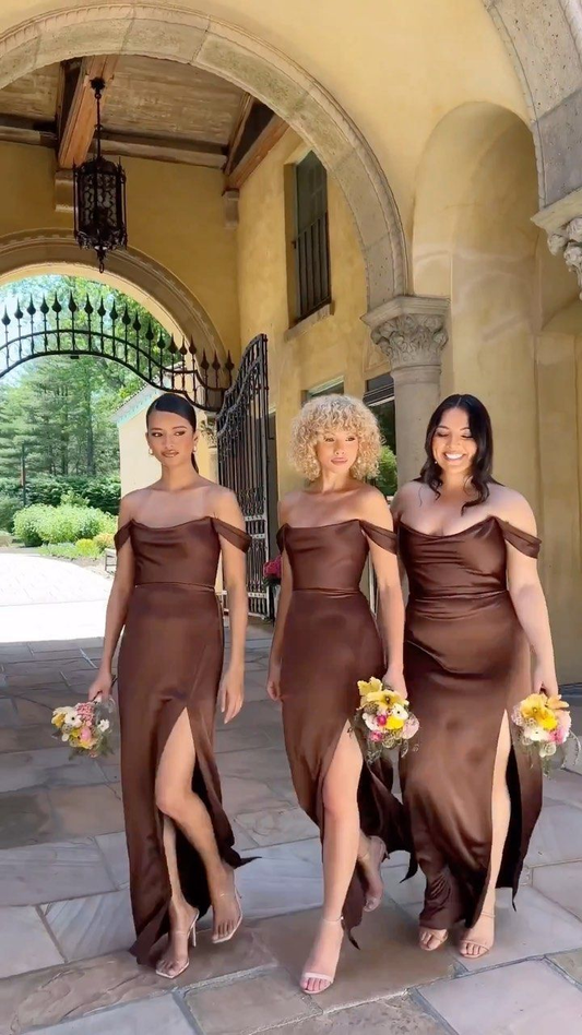 Elegant Brown Off The Shoulder Satin Mermaid Slit Wedding Guest Dress Bridesmaid Dress D1116