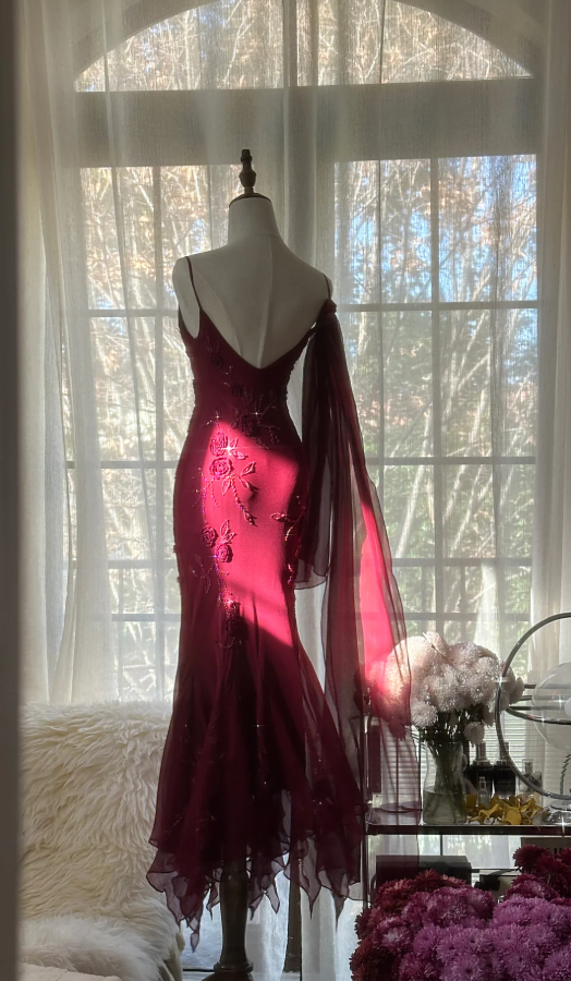 Charming Spaghetti Straps Burgundy Chiffon Beaded  Mermaid Long Party Dress Birthday Prom Gown D2092