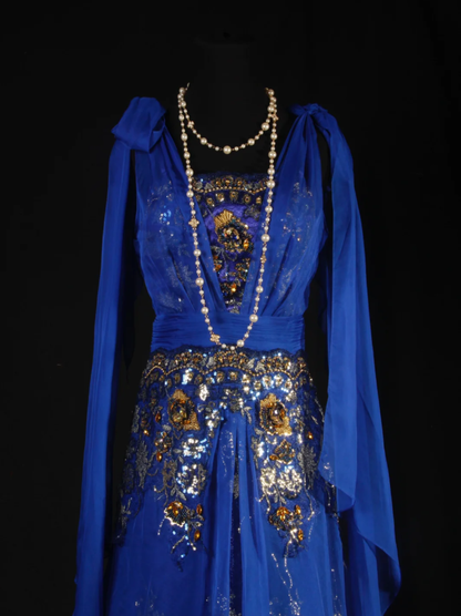 Chic Royal Blue Chiffon Sequin Beaded Mermaid Long Party Dress Birthday Dress D2229