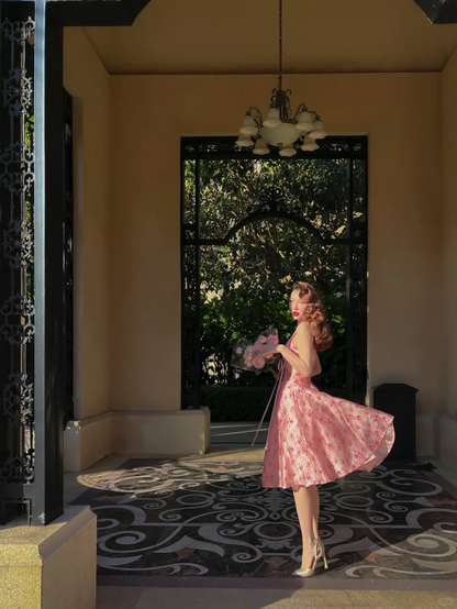 Pink Vintage A Line Halter Print Floral Chiffon Short Homecoming Dress Outfits SH4236